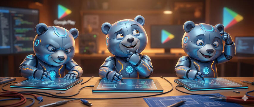 Trois ours bleus créant des applications dans le studio NanoBear
